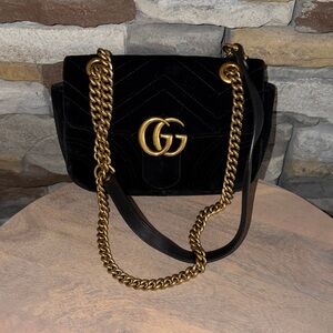 Gucci Black Velvet Shoulder Bag with Gold Double G